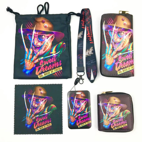 Horror Freddy Krueger purse gift Set (Bags/Purse/Card Holder/Lanyard/Cleaning Cloth)