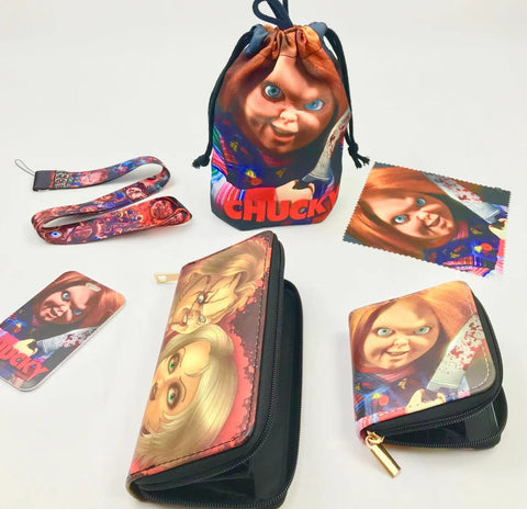 Horror Chucky purse gift Set (Bags/Purse/Card Holder/Lanyard/Cleaning Cloth)