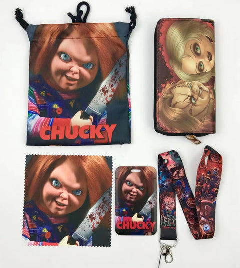 Horror Chucky purse gift Set (Bags/Purse/Card Holder/Lanyard/Cleaning Cloth)