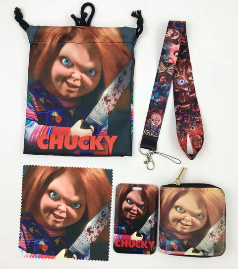 Horror Chucky purse gift Set (Bags/Purse/Card Holder/Lanyard/Cleaning Cloth)