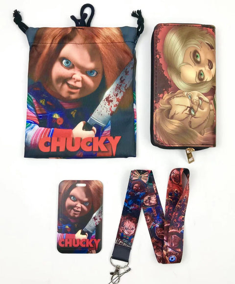 Horror Chucky purse gift Set (Bags/Purse/Card Holder/Lanyard/Cleaning Cloth)