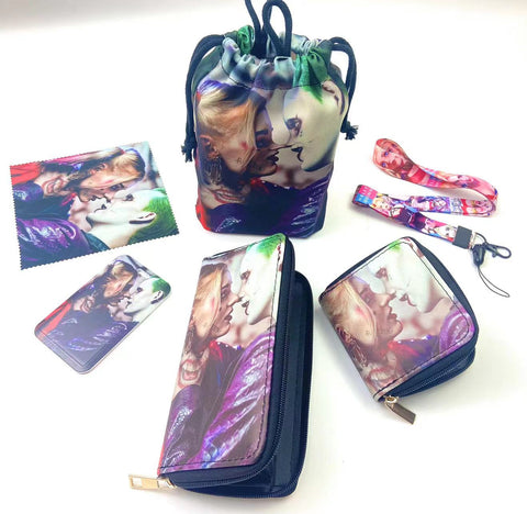 Joker and Harley Quinn purse gift Set (Bags/Purse/Card Holder/Lanyard/Cleaning Cloth)