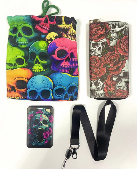 Skull purse gift Set (Bags/Purse/Card Holder/Lanyard/Cleaning Cloth)