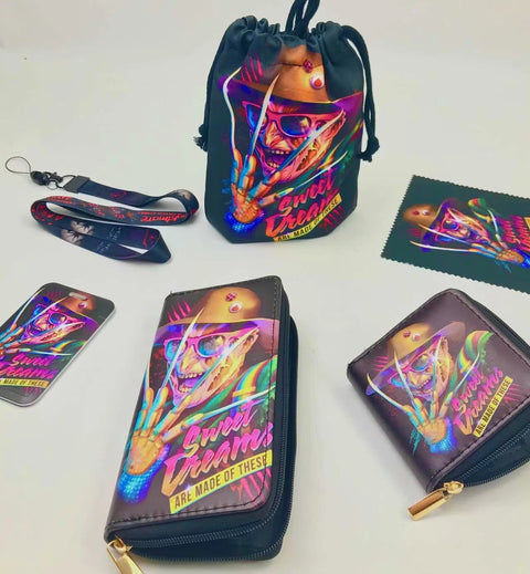 Horror Freddy Krueger purse gift Set (Bags/Purse/Card Holder/Lanyard/Cleaning Cloth)