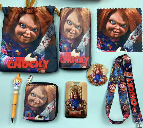 Horror Chucky purse gift Set (Bags/Purse/Card Holder/Lanyard/Cleaning Cloth)