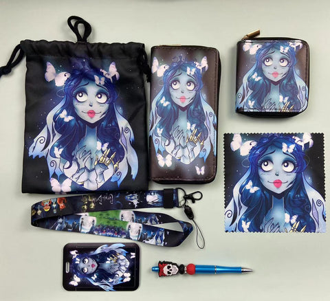 Horror Corpse Bride purse gift Set (Bags/Purse/Card Holder/Lanyard/Cleaning Cloth)