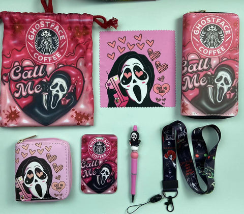 Horror Pink Ghost Face purse gift Set (Bags/Purse/Card Holder/Lanyard/Cleaning Cloth)