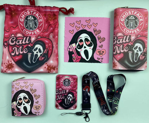 Horror Pink Ghost Face purse gift Set (Bags/Purse/Card Holder/Lanyard/Cleaning Cloth)