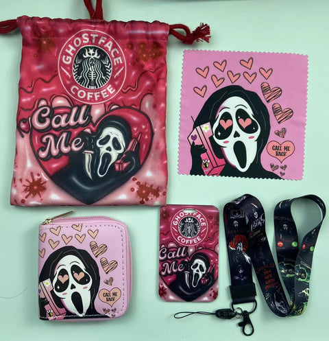 Horror Pink Ghost Face purse gift Set (Bags/Purse/Card Holder/Lanyard/Cleaning Cloth)