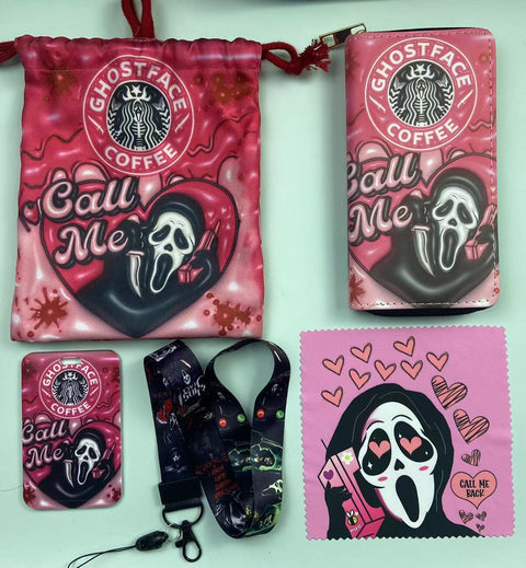 Horror Pink Ghost Face purse gift Set (Bags/Purse/Card Holder/Lanyard/Cleaning Cloth)