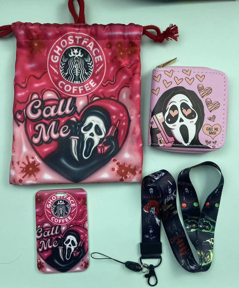 Horror Pink Ghost Face purse gift Set (Bags/Purse/Card Holder/Lanyard/Cleaning Cloth)